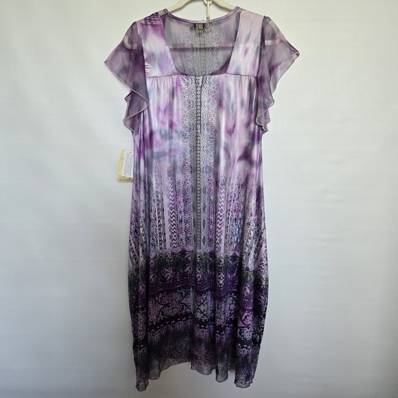 ONE WORLD DRESS MIDI MAXI TIE DYE FLOWY EASTER SPRING FLUTTER SLEEVES NWT LARGE - Picture 2 of 14